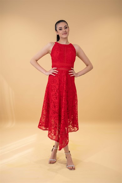 Dantelli Asimetrik Kesim Kırmızı Mezuniyet Elbisesi