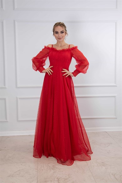 Kendinden Simli Puantiyeli Kırmızı Uzun Helen Abiye Elbise