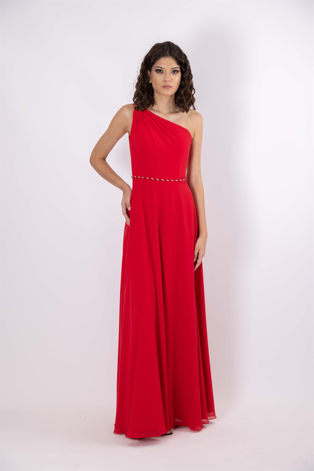 Tek Omuz Detaylı Şifon Kırmızı Helen Abiye Elbise