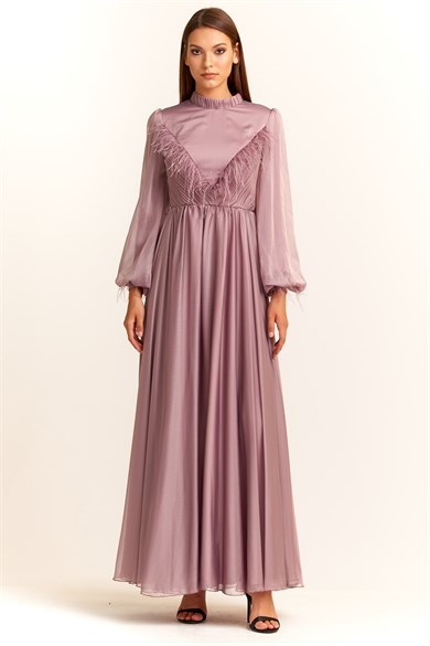Uzun Balon Kol Tüy Ve Kemer Detaylı Şifon Sade Abiye Elbise