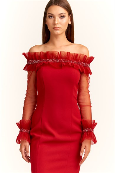 Uzun Tül Kol Yaka Detaylı Mini Bordo Abiye Elbise
