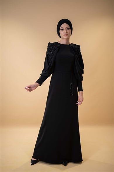 Yarasa Kol Omuz Taş Detaylı Siyah Tesettür Abiye Elbise